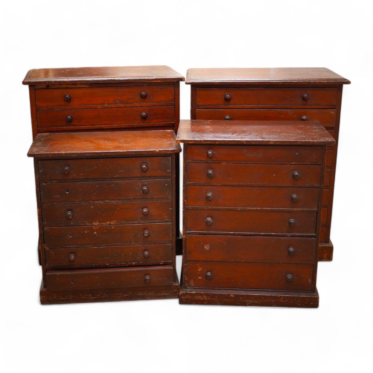 Four late 19th century stained pine collectors cabinets; two eight drawer cabinets and two six drawer cabinets, largest 45.5cm wide, 56cm high, 26.5cm deep. Condition - poor to fair.